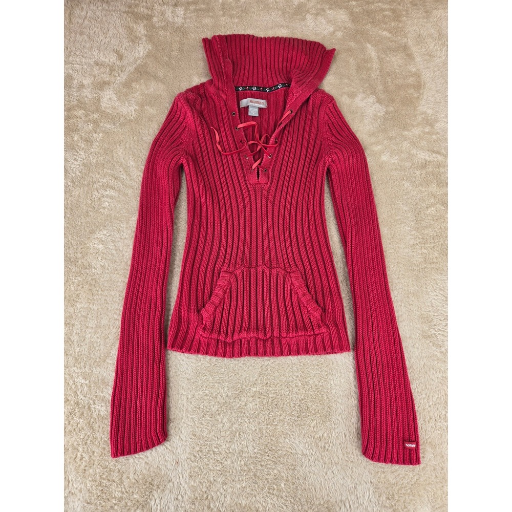 VTG Hollister Co Red Ribbed Lace Up V-Neck Sweater Oversized Collar Womens Med